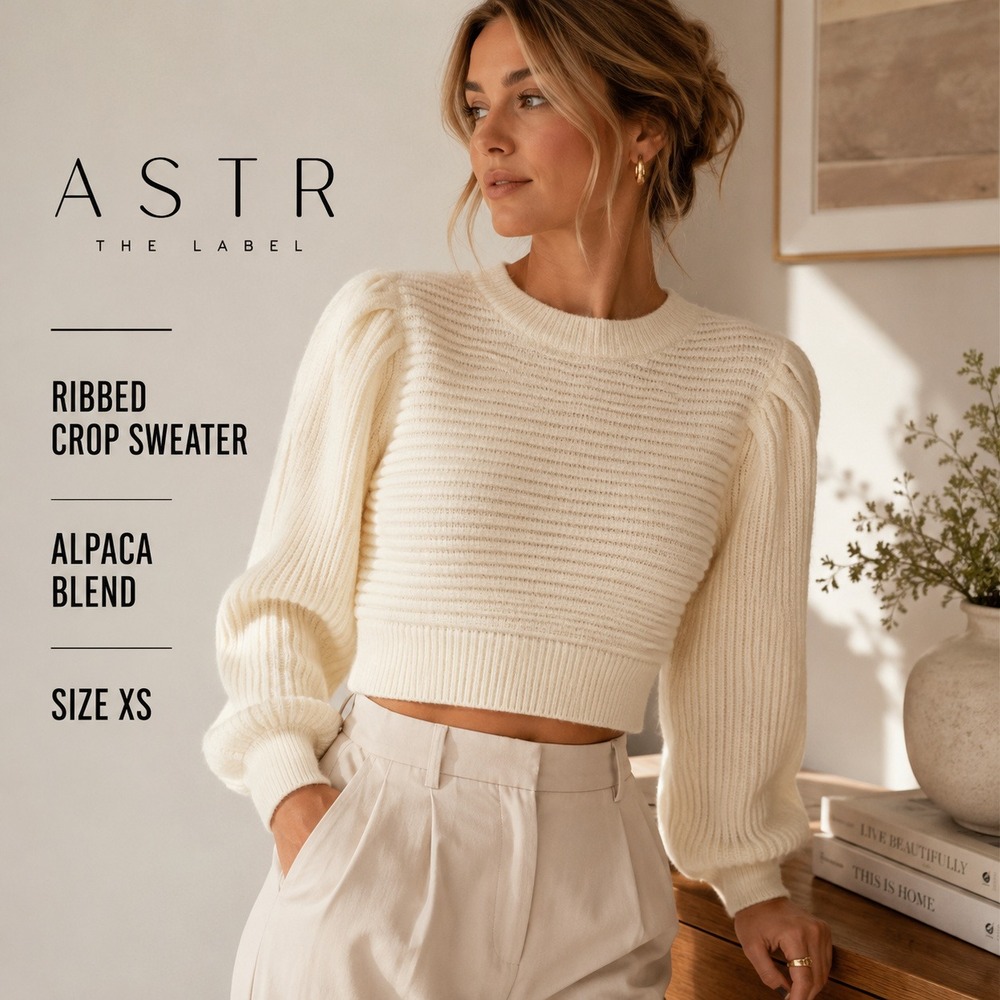 ASTR The Label Cropped Sweater XS Off White Wool Alpaca Blend Ribbed Puff Sleeve